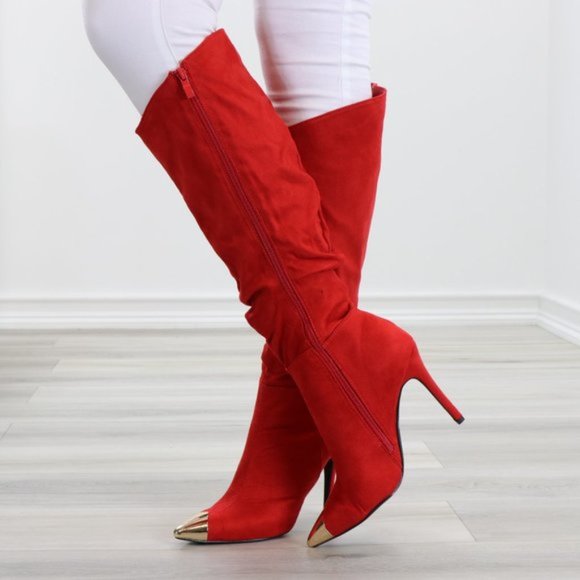 Fancy Pointy Toe Below The Knee Red Boots Suede - Picture 6 of 14